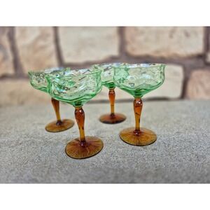 Vintage MCM Green Amber Cocktail Martini Glasses Set 4 Textured Goblets